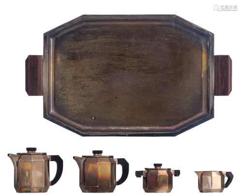 A silver Art Deco five-part coffee and tea set with ebonised handles, no visible hallmarks but tested on silver purity, 900/000, H 8,5 - 17,5 cm, total weight about 6144 g