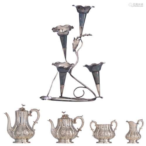 A silver plate Rococo Revival four-part coffee and tea set, Elkington & C° (1842 - 1864), H 14,5 - 24 cm. Added: an English floral decorated silver-plated centrepiece, with four branch-shaped candleholders, marked Cro...