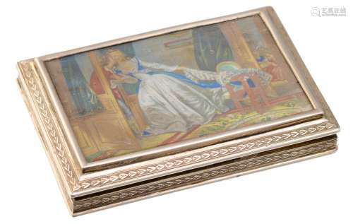 A snuff box, decorated with a miniature love scène in gouache, after 'The Stolen Kiss' by Jean-Honoré Fragonard, German hallmarks, 900/000, 19th-20thC, 9,5 x 6,5 cm,