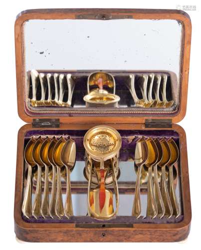 A silver vermeil tea set with 11 spoons, a tea strainer with a coloured glass stem, a spoon and a tong, with Dutch hallmarks, year letter 1870, maker's mark VK, 833/000, in a burl walnut and bone inlaid mirrored box, ...