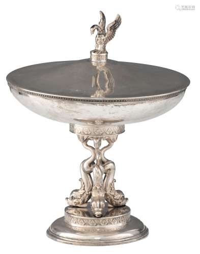 A Neoclassical silver covered tazza, the foot supported by dolphins, with vermeil to the inside, dedicated to: 'J/L Freunde Carl Eltzbacher zum 70. Geburtstag, Hesse, Moll, Philips, Schmitz, Strack, 8.7.1924', German ...