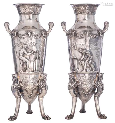 A pair of Greek-inspired silvered bronze amphora vases with classical-inspired decoration, F. Barbedienne, after a model by F. Levillain, 19thC, H 56 - 56,5 cm