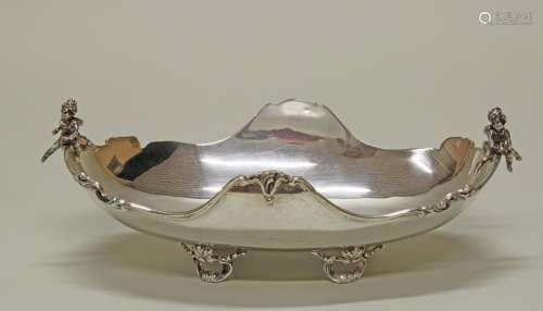 Schale, Silber 925, oval, seitlich je ein plastisches Puttenpaar in Miniatur, bewegter Profilrand,