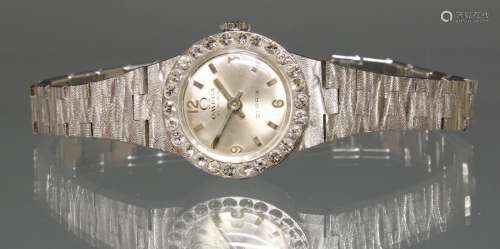 Schmuck-Damenarmbanduhr, Omega, 1980er Jahre, WG 750, Diamant-Lünette, Handaufzug, silberfarbenes