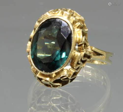 Ring, GG 585, oval facettierter grün-blauer Turmalin/Indigolith, 7 g, RM 18.5