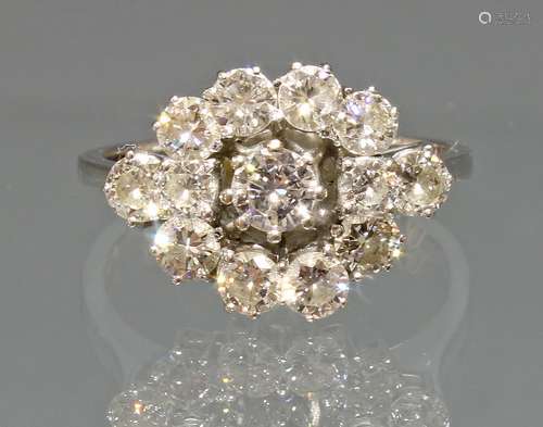 Ring, WG 750, 13 Brillanten zus. ca. 1.61 ct., etwa w/vsi, 3 g, RM 18