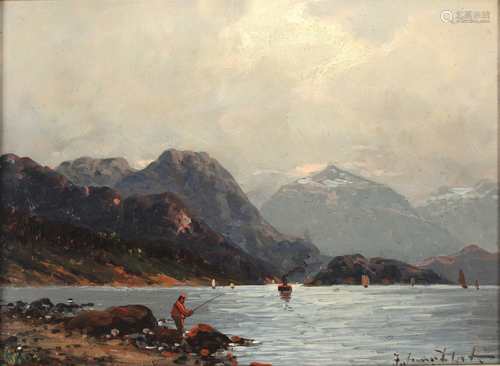 Johann Jungblut (1860-1912) Norwegische Fjordlandschaft mit Angler,Johann Jungblut (18