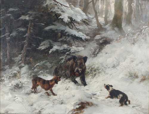 Ludwig Benno FAY (1859-1906) Wildschweinhatz, boar hounding,Ludwig Benno FAY (1859-190