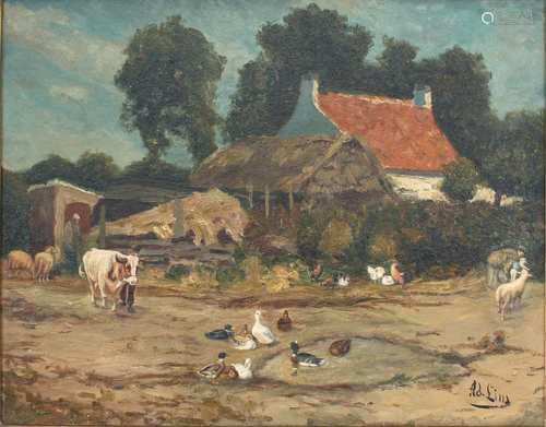 Adolf Lins (1856-1927) Bauernhof mit Tieren, farmstead with animals,Adolf Lins (1856-1