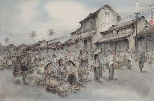 Asien - Seidenmalerei belebte Marktszene, silk painting busy market scene,Asien - Seid