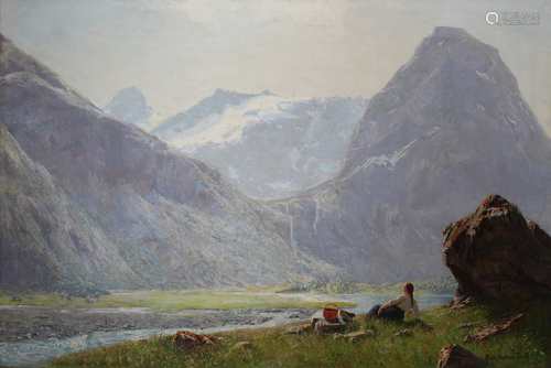 Hans Andreas Dahl (1881-1919) junges Mädchen in norwegischer Berglandschaft, young girl in norw