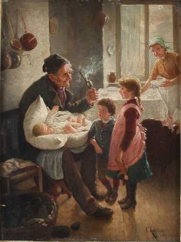 Großeltern mit Kindern in der Stube, signiert F. Kohler München 1899, grandparents with childr