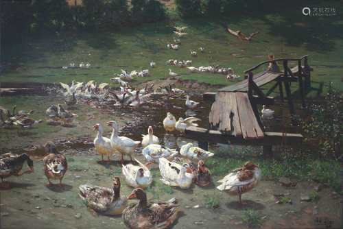 Adolf Lins (1856-1927) Sommerlicher Tag mit Gänsejunge und Federvieh, Monumentalwerk, goose boy