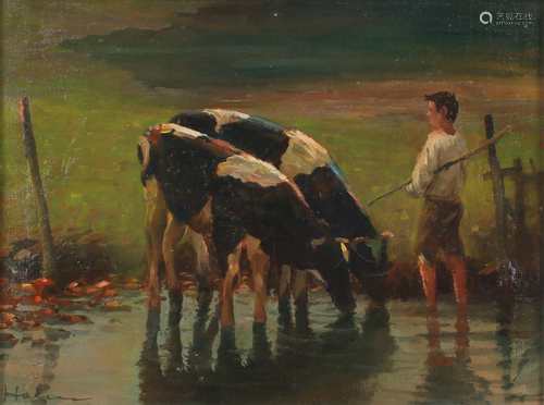 Otto Hahn - Hirte mit Kühen, cow herdsman,Otto Hahn - Hirte mit Kühen, cow herdsman,