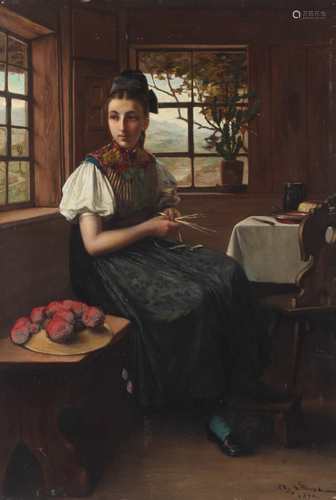 Junge Damen Schwarzwälder Tracht am Fenster, signiert A. Stevens 1870, young women in tradition