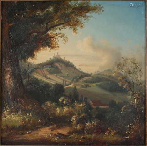 Maler des 19. Jahrhunderts, Hügellandschaft mit Burgansicht, hilly landscape with castle view,