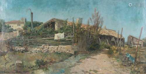 Eugène Baudouin (french 1842-1893) Holzscheune am französischem Dorfrand, wooden barn on the e