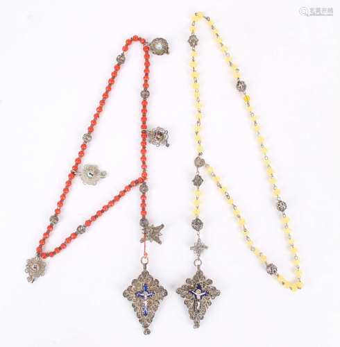 2 Biedermeier Rosenkränze, rosaries,2 Biedermeier Rosenkränze, rosaries,Silber