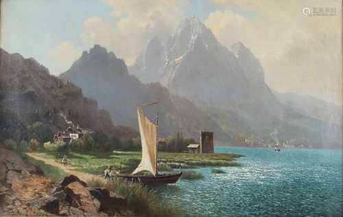 Carl Prestele (*1839) Vierwaldstättersee mit Blick auf Pilatus, Lake Lucerne,Carl Pre