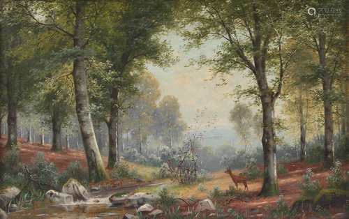 Jacobus Johannes van Poorten (1841-1914) Waldinneres mit Rehwild, forest scenery deer at creek,