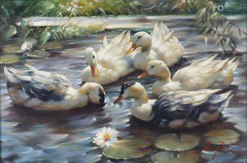 Gerhard Merfort (*1927) Enten, ducks,Gerhard Merfort (*1927) Enten, ducks,Öl/Le