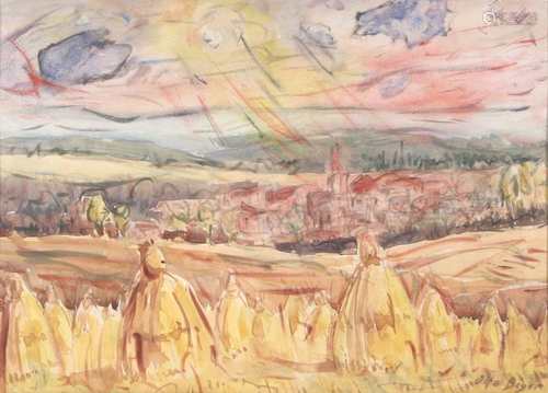 Otto Bayer (1885-1962) Landschaft mit Blick auf Dorf,Otto Bayer (1885-1962) Landschaft