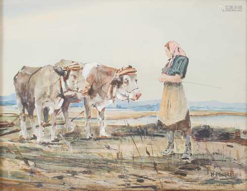 Hugo Mühlig (1854-1929) Bauernmädchen mit Ochsen auf dem Feld, farm girl with ox,Hug