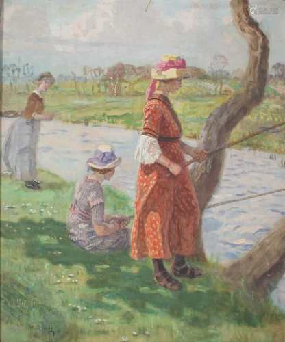 Heinrich Breling (1849-1914) angelnde Damen am Fluss, fishing ladies at the river,Hein