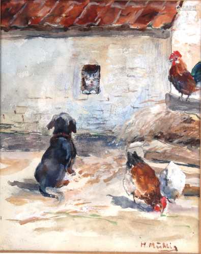 Hugo Mühlig (1854-1929) Dackel im Hühnerhof, dachshund at the chickenyard,Hugo Mühl