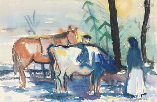 Charles Crodel (1894-1973) Bauernpaar mit Pferd und Kuh,Charles Crodel (1894-1973) Bau