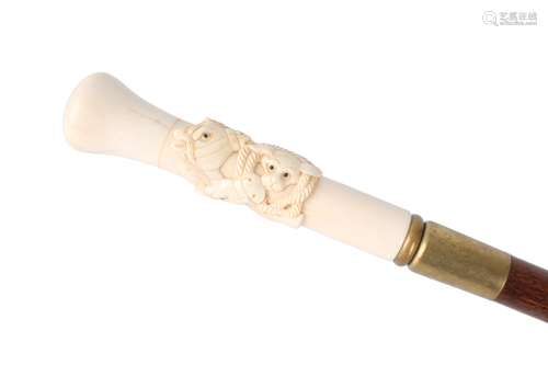 Spazierstock mit Elfenbeingriff mit Pferden, 19. Jahrhundert, walking cane ivory 19th century,/