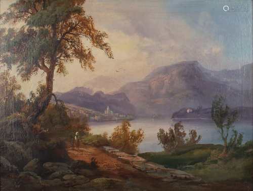 Monogrammist des 19. Jahrhunderts, Dorfrand mit Seelandschaft, seascape 19th century,