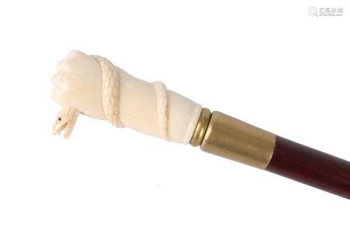 Spazierstock mit Elfenbeingriff Schlange in Hand, 19. Jahrhundert, walking cane ivory 19th cent