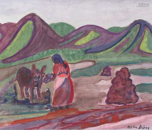 Herm Dienz (1891-1980) Bauernpaar mit Pferd und Kuh,Herm Dienz (1891-1980) Bauernpaar