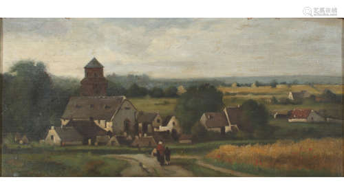 Maler um 1900, Dorfansicht mit Personen, village view,Maler um 1900, Dorfansicht mit P