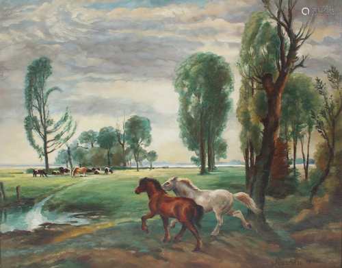 Herde Pferde in idyllischer Wiesenlandschaft signiert Peschka 1946, horses in idyllic landscape,