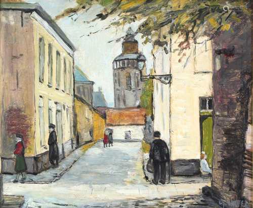 Georges Navez (1890-1975) belebte Stadtansicht mit Kirchturm,Georges Navez (1890-1975)