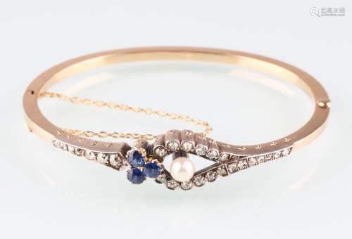 Art Deco 750 Gold Armreif mit Diamanten, Saphiren und Perle, gold bracelet with diamonds sapphi