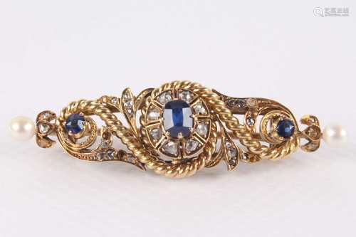 Antike 585 Gold Brosche mit Diamanten, Saphiren & Perlen, gold brooch with diamonds sapphires pe