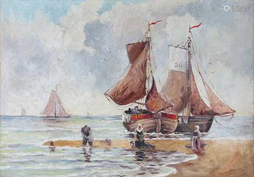 Reinhard Bartsch - anliegende Fischerboote mit Fischern bei der Arbeit von 1946, fishermen at wo