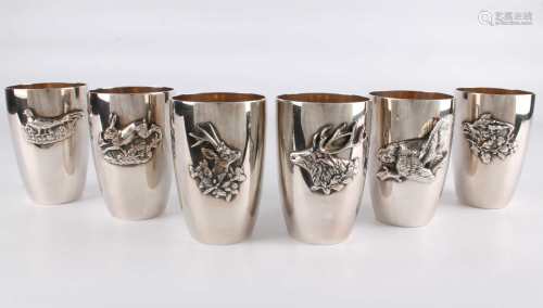 925 Silber - 6 Jagdbecher mit Tiermotiven, sterling silver hunting cups,925 Silber - 6