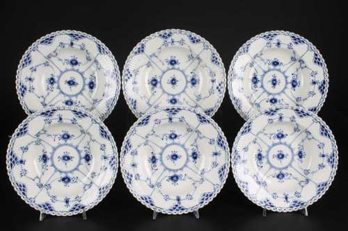 Royal Copenhagen Musselmalet Vollspitze 6 Suppenteller, 6 soup plates blue fluted full lace,