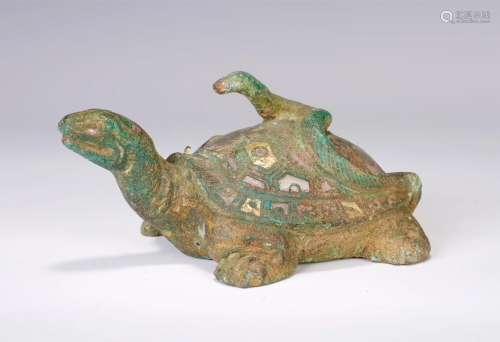 A CHINESE GOLD AND SILVER INLAID BRONZE TORTOISE