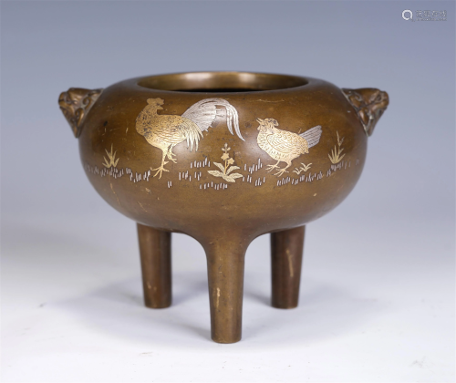 A CHINESE GOLD-PAINTED BRONZE TRIPOD INCENSE BURNER