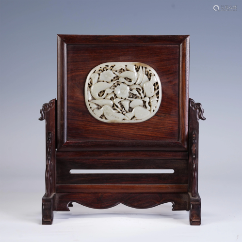 A CHINESE CARVED JADE INLAID HARDWOOD TABLE SCREEN