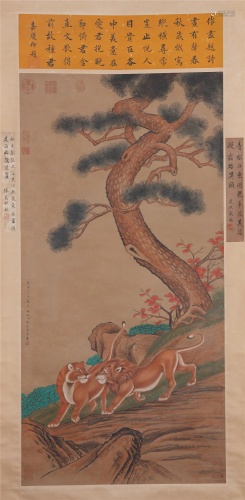 A CHINESE PAINTING HANGING SCROLL OF LIONS