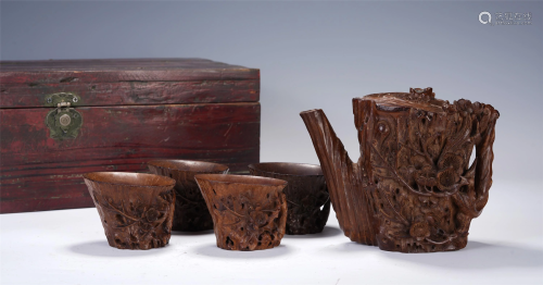 A SET OF CHINESE CARVED BAMBOO TEA SET