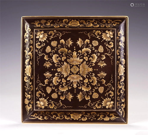 A CHINESE CARVED LACQUER SQUARE PLATE