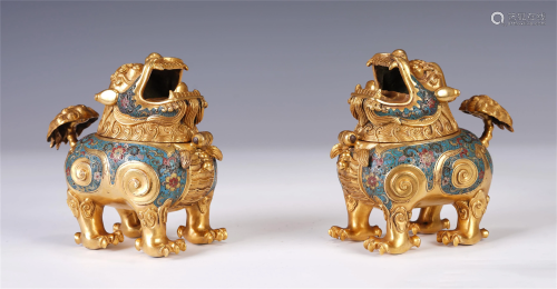 A PAIR OF CHINESE GILT ENAMEL ANIMAL-FORM INCENSE