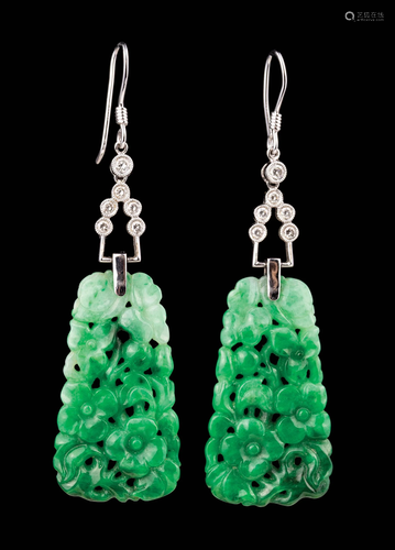 White Gold, Carved Jade and Diamond Earrings